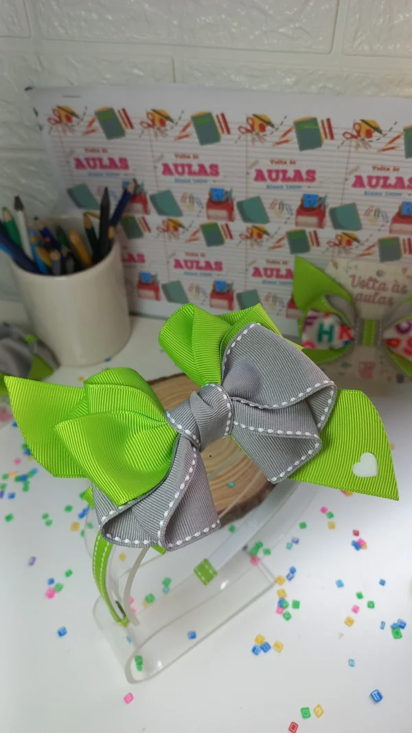 TIARA ESCOLAR VERDE LIMÃO E CINZA